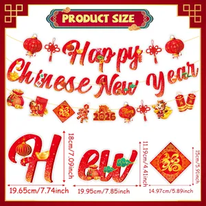 Detailed size chart for 2026 Lunar New Year party banner decorations and red gold pendants