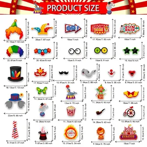 Tableau des tailles des accessoires photo de cirque avec dimensions de 30 articles de fête