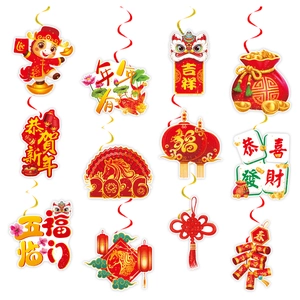 Set of 12 Chinese New Year 2026 hanging swirls with golden zodiac horse and lucky charms