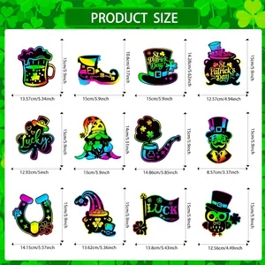 Size guide for St. Patrick's Day clover scratch cards featuring luck-themed shapes and dimensions