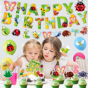 Garden insect themed birthday party set with banners, balloons and cute bug decorations