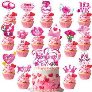 Detailed set of Valentine's Day cake toppers featuring red hearts, Cupid, and LOVE motifs