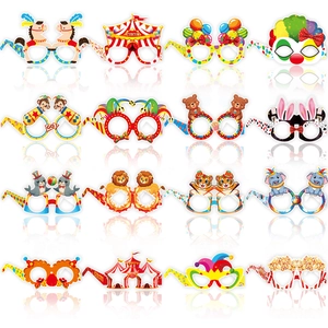 Set of 16 vibrant circus themed paper party glasses featuring clowns and carnival animals