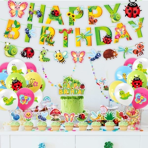 Vibrant insect theme birthday party decor set with colorful balloons and cake toppers