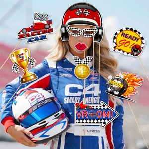 Racing theme photo props kit including paper helmet, trophy, and dynamic race car signs
