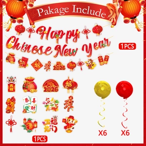 2026 Year of the Horse party decoration kit with red gold banners and spiral charms