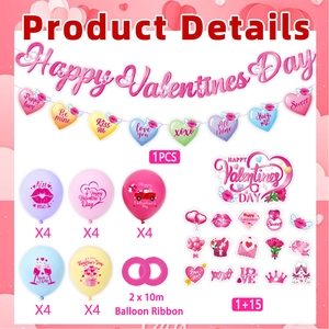 Happy Valentine's Day party decoration set with pink glitter banners, balloons and cake toppers