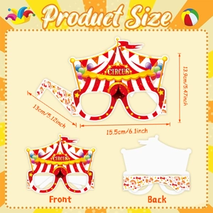 Carnival circus themed paper party glasses with dimensions and front back view
