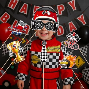 Racing car themed photo booth props for boys' 2nd birthday party decorations