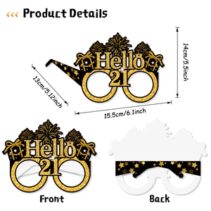 Front and back detail of Hello 21 gold glitter party glasses with dimensions for size reference