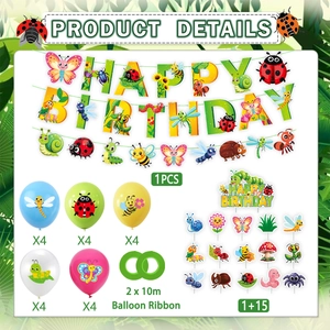 Detailed insect birthday party set with banners, balloons, cake toppers, and green ribbons