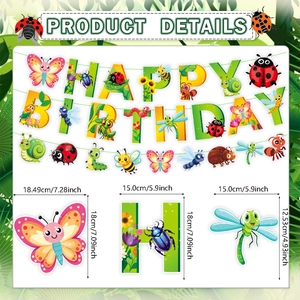 Colorful insect themed happy birthday banner set with butterfly and bee decorations