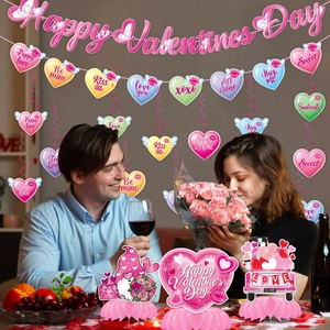Happy Valentine's Day party decoration set with banners, heart swirls and honeycombs