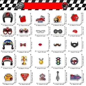 Racing car party photo props size guide featuring 25 themed items with dimensions