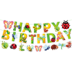 Colorful insect-themed Happy Birthday banner with cartoon butterflies and bees for parties