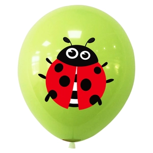 Green latex balloon featuring a cute cartoon ladybug print for insect themed party decor