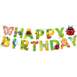 Detailed view of colorful insect-themed Happy Birthday paper banner for party decoration