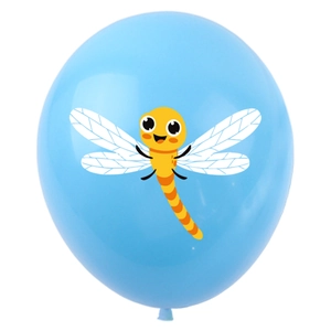 Close-up of a blue latex balloon featuring a cute cartoon dragonfly for party decor