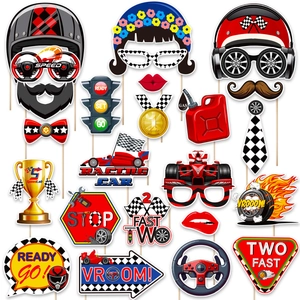 Racing Theme Party Photo Booth Props Handheld Cardboard Masks Helmet Trophy Signs For Boys Birthday Celebration Decor