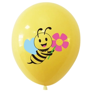 Close-up of a yellow party balloon featuring a colorful cartoon bee holding a pink flower