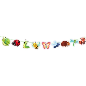 Detailed close-up of cartoon insect party banner with colorful bee, butterfly and snail