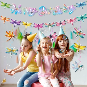 Detail of colorful dragonfly happy birthday banner and spiral hanging swirls for party