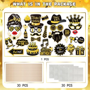 Detailed set of 18th birthday photo booth props with black and gold glitter cardstock signs