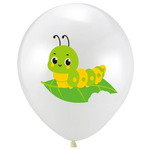 Detail of white latex balloon featuring a cute green caterpillar print on a green leaf