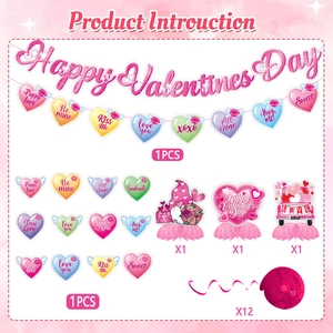 Valentine's Day party decoration set with Happy Valentine's Day banner and spiral swirls