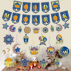 Eid Mubarak decoration set with blue and gold hanging banners and spiral pendants