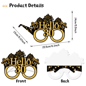 Detailed front and back views of black and gold 30th birthday glitter party glasses