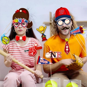 Baseball themed party photo booth props kit with MVP hats and sports accessories