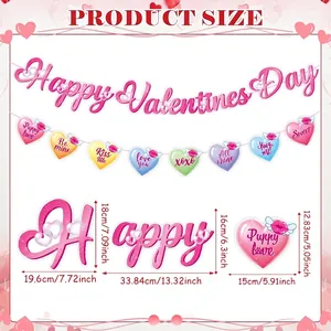 Valentine's Day banner size guide with Happy Day lettering and colorful heart charms