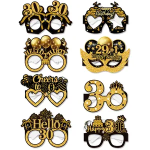 Set of 8 black and gold 30th birthday photo booth props with glitter party themes