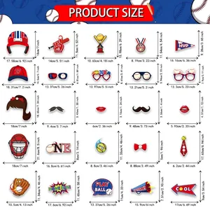 25-piece baseball party photo booth props set including helmet and trophy size charts