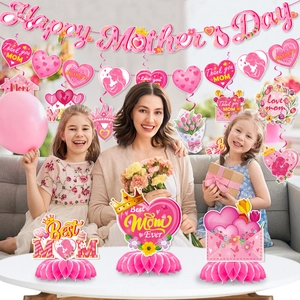 Pink Mother's Day decoration set with Happy Mother's Day banner and spiral heart ornaments