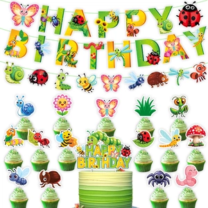 Vibrant insect theme birthday party set with butterfly banners and cute cupcake toppers