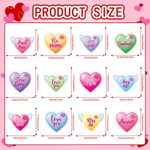 Detailed product size chart showing height and width for twelve colorful heart decorations