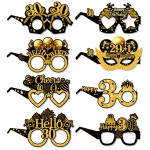 Set of 8 black and gold 30th birthday party glasses with glittery festive designs