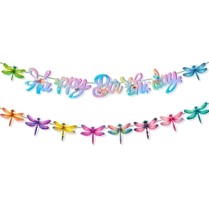 Close-up of colorful dragonfly party banner and Happy Birthday hanging decorations