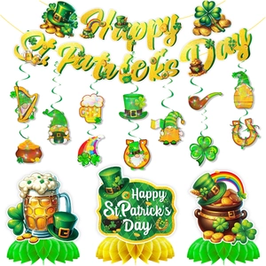 St. Patrick's Day party decor set with shamrock banner, hanging swirls, and centerpieces