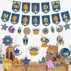 Blue and gold Eid Mubarak banner with moon and star hanging swirls for party decor