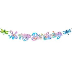 Close-up of Happy Birthday banner with colorful dragonflies and floral elements