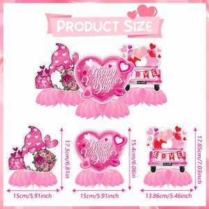 Detailed size specifications for Valentine's Day gnome and heart honeycomb centerpiece set