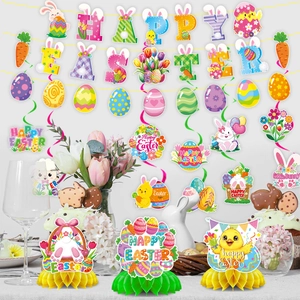 Easter party decoration set with Happy Easter banner, bunny ornaments and honeycomb centerpieces