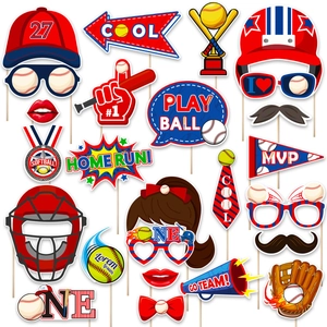 Set of 20 baseball party photo booth props with MVP and Home Run signs on sticks