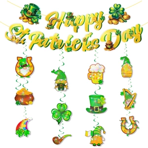 St. Patrick's Day party decorations set with clover banners and hanging swirls