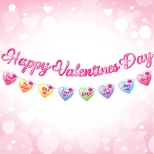 Close-up of Happy Valentines Day banner with colorful heart-shaped candy charms