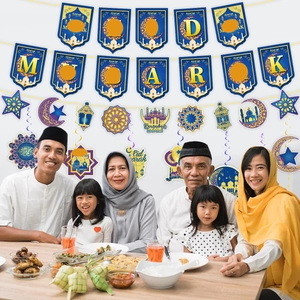 Eid Mubarak home decoration set featuring blue banners and gold star moon hanging swirls