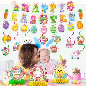 Detailed set of Easter party decorations with Happy Easter banner and hanging spirals